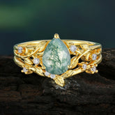 Nature Inspired Moss Agate Engagement Ring Set Pear Cut 2PC